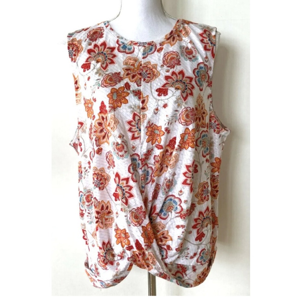 J Jill Love Linen Floral Knit Tank Sleeveless Top White Orange L